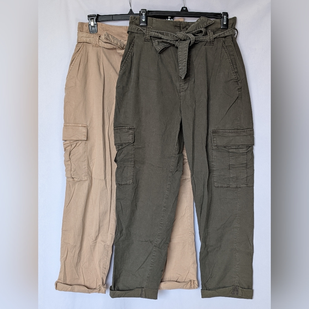 🌷WHBM x2 Green/Tan Extra High-Rise Tapered Ankle Belted Utility Cargo Pants 4